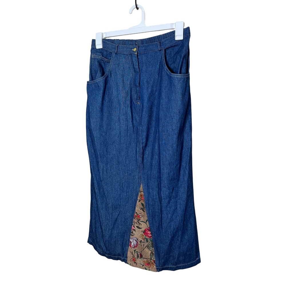 CAPACITY Women's Denim Maxi Skirt Floral Corduroy Panel Slit Size L